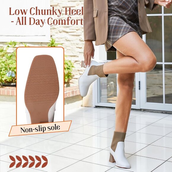 Women's Square Toe Ankle White Boots Low Block Heel Chelsea Mid Calf Booties - Picture 5 of 7